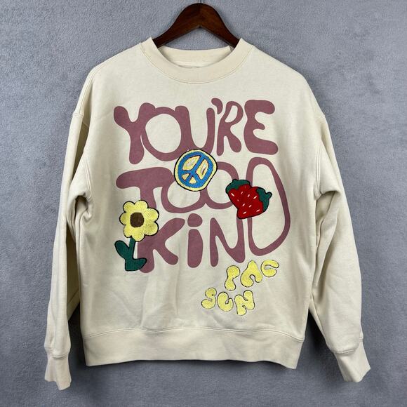 PacSun Mens Sweatshirt SZ M Retro Chenille Patch Hippie Fleece You're Too Kind - Picture 2 of 9